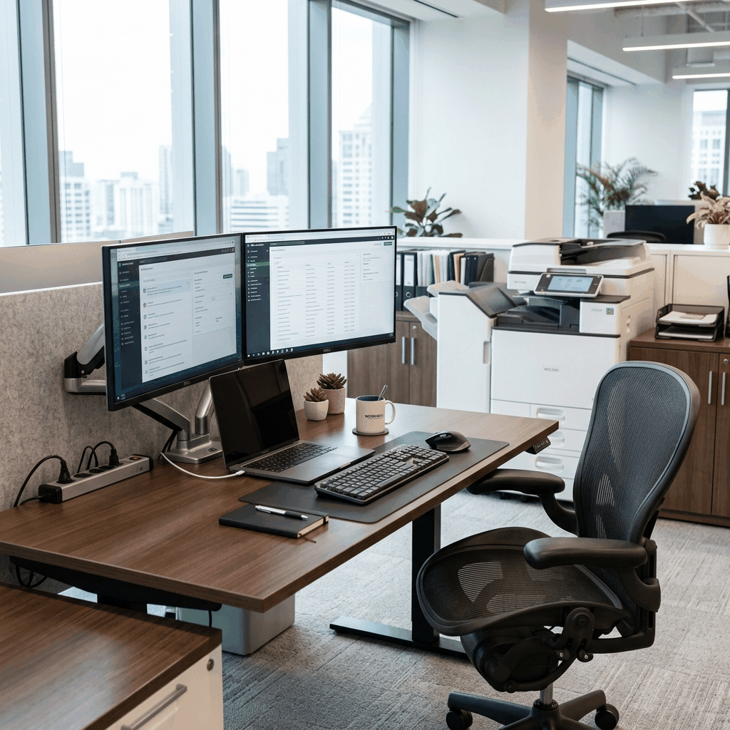 Puesto de trabajo de oficina moderno y equipado